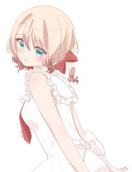  blonde_hair blush bow bowtie dress frilled_dress frills green_eyes highres looking_at_viewer magical_girl mahou_shoujo_ikusei_keikaku mahou_shoujo_ikusei_keikaku_jokers open_mouth red_bow red_bowtie sakura_mochi_(kanade-8961-uriuri) short_hair white_background white_bow white_bowtie 