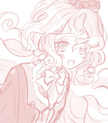  blush bow bowtie dress facial_mark forehead_mark frilled_dress frills greyscale hair_ornament highres long_hair looking_at_viewer magical_girl mahou_shoujo_ikusei_keikaku mahou_shoujo_ikusei_keikaku_jokers monochrome open_mouth sakura_mochi_(kanade-8961-uriuri) smile white_background 