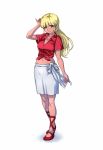  1girl blonde_hair breasts cleavage flower front-tie_top fujisawa_takashi full_body green_eyes hair_flower hair_ornament long_hair mary_janes midriff navel red_skirt rita_berett shoes skirt smile solo standing taiyou_no_kiba_dougram tan white_background 