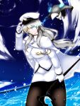  1girl admiral_(kantai_collection)_(cosplay) blue_eyes cape gloves glowing glowing_eyes hat heterochromia kantai_collection karakure_(kamo-nanban) silver_hair skirt uniform wo-class_aircraft_carrier yellow_eyes 