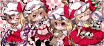  2girls :d alternate_costume asymmetrical_hair asymmetrical_wings bespectacled blonde_hair chibi crossed_arms flandre_scarlet four_of_a_kind_(touhou) glasses hair_ornament kayama_benio low_wings mob_cap multiple_girls multiple_persona open_mouth profanity red_eyes remilia_scarlet short_hair side_ponytail skull_hair_ornament smile tongue tongue_out touhou variations wings yukkuri_shiteitte_ne 