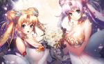  2girls :d bishoujo_senshi_sailor_moon blonde_hair blue_eyes blue_n bouquet breasts cleavage double_bun dress elbow_gloves flower full_moon gloves large_breasts moon multiple_girls open_mouth pink_hair princess_serenity sailor_moon smile twintails 