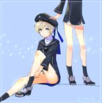  2girls 4th :o beret blonde_hair blue_background blue_eyes blush clothes_writing hand_on_another&#039;s_head hat kantai_collection long_sleeves looking_at_another military military_uniform multiple_girls open_mouth panties pantyshot pantyshot_(sitting) sailor_collar sailor_hat short_hair sitting sparkle standing twitter_username underwear uniform white_panties z1_leberecht_maass_(kantai_collection) z3_max_schultz_(kantai_collection) 