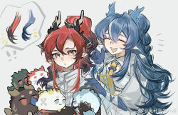  !? 1boy 1girl :d ^_^ annotated arknights black_horns blue_hair blue_horns blush chinese_commentary chongyue_(arknights) closed_eyes colored_extremities commentary_request dragon_bubble_(arknights) dragon_girl dragon_horns dusk_(arknights) grey_background hair_between_eyes hand_in_another's_hair hand_on_another's_shoulder highres horns jacket ling_(arknights) long_hair naideernail neckerchief nian_(arknights) notice_lines open_mouth pointy_ears red_eyes red_hair shu_(arknights) simple_background smile watermark weibo_logo weibo_watermark white_jacket yellow_neckerchief yu_(arknights) 