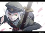  1boy bent_over cape green_eyes hair_flaps hat hotarumaru kuze_ryou letterboxed long_sleeves looking_away military military_uniform nodachi open_mouth petals sheath short_hair silver_hair smile solo touken_ranbu twitter_username uniform 