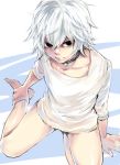  1boy androgynous barefoot black_eyes choker from_above hospital_gown shiromi_(ringo) short_hair solo suzuya_juuzou tokyo_ghoul white_hair younger 