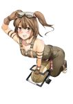  1girl :d adjusting_goggles arm_support armlet bare_shoulders brown_hair collar gloves goggles goggles_on_head highres leaning_forward looking_at_viewer ole_tower open_mouth overalls rammer_(ole_tower) short_hair simple_background smile solo straddling tenko_(gintenko) twintails white_background 