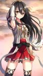  1girl bare_shoulders black_hair brown_eyes detached_sleeves frilled_skirt frills hair_between_eyes hair_ornament hairband hairclip haruna_(kantai_collection) japanese_clothes kantai_collection long_hair looking_at_viewer nikkunemu nontraditional_miko skirt smile solo thigh-highs 