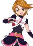  1girl arm_warmers belt black_gloves black_shirt black_skirt brown_eyes brown_hair detached_sleeves earrings eyelashes fingerless_gloves futari_wa_precure futari_wa_precure_max_heart gloves happy heart jewelry looking_at_viewer magical_girl manji_(tenketsu) misumi_nagisa open_mouth precure ribbon shirt short_hair simple_background sketch skirt smile solo white_background 