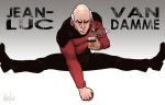  1boy bald_spot character_name clenched_hand coffee coffee_mug fusion gradient gradient_background jean-claude_van_damme jean-luc_picard long_sleeves michael_mayne namesake parody patrick_stewart signature solo split star_trek star_trek:_the_next_generation uniform white_hair 