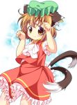  1girl :3 animal_ears bow brown_hair cat_ears cat_tail chen ear_piercing fang highres jewelry mob_cap paw_pose piercing pila-pela puffy_short_sleeves puffy_sleeves shirt short_sleeves single_earring skirt skirt_set solo tail touhou vest 