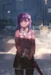  1girl bangs fate/stay_night fate_(series) hair_ribbon kishiyo long_hair long_sleeves looking_away matou_sakura pantyhose petals purple_hair ribbon skirt solo sweater umbrella violet_eyes 