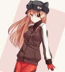  1girl animal_hat blue_eyes bodysuit cabbie_hat cat_hat cowboy_shot evangelion:_3.0_you_can_(not)_redo eyepatch hat highres long_hair looking_at_viewer neon_genesis_evangelion orange_hair plugsuit rebuild_of_evangelion revision shikinami_asuka_langley shuuichi solo souryuu_asuka_langley track_jacket 