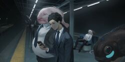  5boys bag bench black_hair black_pants blobfish blue_necktie cellphone closed_mouth collared_shirt fat fat_man fish fish_boy highres holding holding_phone jacket lapels looking_at_phone multiple_boys necktie night original overhead_line pants phone scenery seki_(vcyr2733) shirt short_hair sitting smartphone standing suit_jacket tactile_paving train_station_platform vanishing_point white_shirt wing_collar 