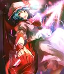  1girl ascot blue_hair hat hat_removed headwear_removed open_mouth polearm red_eyes red_nails remilia_scarlet sash solo spear touhou weapon wrist_cuffs 