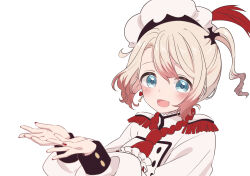  blonde_hair blue_eyes blush feathers hat highres looking_at_viewer magical_girl mahou_shoujo_ikusei_keikaku mahou_shoujo_ikusei_keikaku_restart open_mouth pechika_(mahoiku) red_feathers red_nails sakura_mochi_(kanade-8961-uriuri) short_hair smile white_background 
