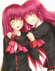  brown_eyes clock_(clockart) closed_eyes futaki_kanata happy_birthday little_busters!! long_hair one_eye_closed saigusa_haruka school_uniform siblings sisters twins 