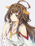  1girl ahoge bare_shoulders brown_hair collarbone detached_sleeves double_bun grey_background hair_ornament hairband headgear japanese_clothes kantai_collection kawata_hisashi kongou_(kantai_collection) long_hair looking_at_viewer nontraditional_miko portrait smile solo 