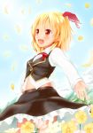  1girl :d blonde_hair blue_sky blush bowtie collared_shirt embellished_costume fang field flower flower_field hair_ribbon highres navel open_mouth outstretched_arms petals red_eyes ribbon rumia shiron_(e1na1e2lu2ne3ru3) short_hair sky smile solo spinning touhou vest 