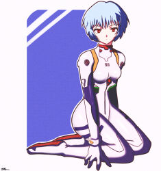  1girl arms_at_sides artist_name ayanami_rei blue_background blue_hair bodysuit border breasts closed_mouth commentary dated dot_mouth expressionless from_side highres initial jeff_miga kneeling looking_at_viewer looking_to_the_side mecha_pilot_suit neon_genesis_evangelion outline plugsuit red_eyes romaji_commentary short_hair signature small_breasts solo white_bodysuit white_border white_outline 