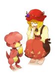  1girl aguruma_(yukisita03) aki_minoriko barefoot blonde_hair food fruit grapes hat magby open_mouth pokemon pokemon_(creature) short_hair smile squatting sweet_potato touhou 