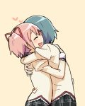  2girls blue_hair closed_eyes hair_ribbon heart hug kaname_madoka lowres mahou_shoujo_madoka_magica miki_sayaka multiple_girls open_mouth pink_hair ribbon school_uniform short_twintails simple_background smile twintails white_background yoplait 