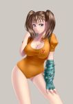  1girl :t arm_support bangs blush bodysuit breasts brown_hair cleavage collarbone contrapposto cowboy_shot diane_(nanatsu_no_taizai) gloves grey_background hand_on_own_thigh happy kai_(link2262) large_breasts long_hair looking_at_viewer nanatsu_no_taizai navel simple_background smile solo tail twintails violet_eyes 