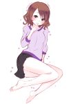  1girl barefoot blush brown_eyes brown_hair finger_to_mouth hanayamata looking_at_viewer mole mole_under_eye short_hair sitting skirt solo tarabagani tokiwa_sari 