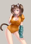  1girl :t animal_ears arm_support bangs blush bodysuit breasts brown_hair cat_ears cat_tail cleavage collarbone contrapposto cowboy_shot diane_(nanatsu_no_taizai) extra_ears gloves grey_background hand_on_own_thigh happy kai_(link2262) large_breasts long_hair looking_at_viewer nanatsu_no_taizai navel simple_background smile solo tail twintails violet_eyes 