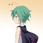  1girl androgynous antennae bare_shoulders blush cape cato_(monocatienus) from_side gradient gradient_background green_eyes green_hair short_hair sleeveless sleeveless_shirt solo touhou very_short_hair wriggle_nightbug 
