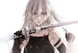  1girl a2_(nier:automata) android black_shirt breasts chromatic_aberration closed_mouth commentary cutting_hair cutting_own_hair hair_between_eyes highres holding holding_sword holding_weapon katana looking_at_viewer mechanical_hands mole mole_under_mouth nier:automata nier_(series) portrait shirt simple_background small_breasts solo straight-on sword weapon white_background white_eyes white_hair yennyu 