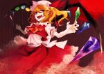  1girl aguruma_(yukisita03) ascot bat_wings blonde_hair flandre_scarlet flower full_moon hat moon open_mouth red_eyes red_moon red_sky ribbon rose short_hair side_ponytail sky smile solo touhou wings 