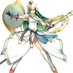  1girl :&lt; absurdres armor athena_(p&amp;d) breastplate dean dress gloves green_hair helmet highres holding holding_weapon long_hair outline polearm puzzle_&amp;_dragons red_eyes shield simple_background solo spear vambraces weapon white_background white_dress 