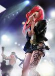  1girl alternate_costume belt doll garen_crownguard green_eyes guitar highres instrument katarina_du_couteau league_of_legends long_hair microphone open_mouth redhead scar scarf scarf_over_mouth shirtless short_hair tagme tattoo 