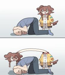  1boy 1girl animal_ears bone_hair_ornament brown_eyes brown_hair cocomayo29_(tomato) collar cowering dog_ears dog_girl dog_tail hair_ornament highres hololive inugami_korone listener_(inugami_korone) long_hair open_mouth stretched_neck tail virtual_youtuber 