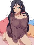  1girl alternate_hair_color barefoot black_hair breasts collarbone green_eyes highres kneeling looking_at_viewer love_live!_school_idol_project messy_hair mihatarou off_shoulder pillow ribbed_sweater smile solo sweater toujou_nozomi twintails 
