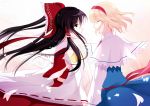  2girls alice_margatroid ascot black_hair blonde_hair bow capelet cherry_blossoms detached_sleeves dress hair_bow hair_tubes hairband hakurei_reimu incipient_kiss long_hair multiple_girls red_eyes shen_yi short_hair touhou yuri 