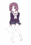  1girl barefoot blush brown_hair hair_ornament hairclip hanayamata legs looking_at_viewer low_twintails plaid plaid_skirt school_uniform sekiya_naru skirt smile solo tarabagani twintails violet_eyes 