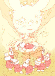  analogous_colors circle_dance closed_eyes commentary crack cupping_hands death dress english_commentary flower flower_wreath funeral furry giant giantess halo head_wreath highres kiss kissing_forehead long_sleeves looking_up moss original outdoors own_hands_together pedestal pink_dress pink_eyes puffy_long_sleeves puffy_sleeves rabbit rii_abrego smile star_(sky) white_fur white_halo white_rabbit_(animal) wide-eyed yellow_flower yellow_halo 