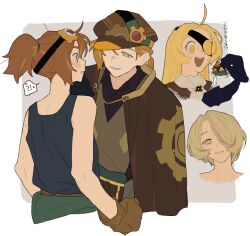  !? 4girls @_@ ahoge archived_source arm_up ascot asymmetrical_cape black_gloves black_shirt blonde_hair blush brown_capelet brown_gloves brown_hair brown_vest capelet chibi cookie_run cookie_run:_ovenbreak croissant_cookie croissant_cookie_(director_of_the_tbd) dayama eyelashes eyepatch gloves goggles green_pants hair_over_eyes hand_on_another's_chin hat holding_chibi humanization long_hair looking_at_another lowered_eyelids multicolored_hair multiple_girls open_mouth pants ponytail scar scar_on_cheek scar_on_face shirt short_hair simple_background sleeveless sleeveless_shirt smile speech_bubble sweat timekeeper_cookie timekeeper_cookie_(ruler_of_the_ephemeral_flow) vest 