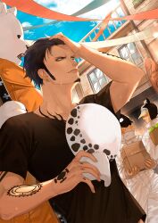  4boys bear_boy bepo bird black_shirt blue_sky commentary_request day earrings facial_hair furry furry_male goatee grin hand_tattoo hat highres holding holding_hat holding_unworn_clothes jewelry long_sideburns male_focus multiple_boys one_piece outdoors penguin_(one_piece) railing rami_rz shachi_(one_piece) shirt short_hair short_sleeves sideburns sky smile t-shirt tattoo trafalgar_law white_hat window yellow_eyes 