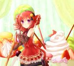  1girl bare_shoulders black_legwear candy curtains detached_sleeves dress food food_themed_clothes fruit hairband kneehighs lollipop looking_at_viewer love_live!_school_idol_project nishikino_maki red_dress redhead seiza shaped_lollipop short_dress short_hair sitting solo strawberry violet_eyes 