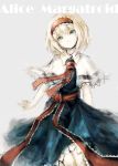  1girl alice_margatroid blonde_hair blue_dress blue_eyes bust capelet character_name dress expressionless grey_background head_tilt looking_at_viewer neck_ribbon ribbon short_hair solo touhou vienri 