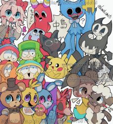  3girls 6+boys :d ;d ? afro_puffs amanda_(amanda_the_adventurer) amanda_the_adventurer aqua_shorts arm_support banban_(garten_of_banban) beanie bendy bendy_and_the_ink_machine bib black_bow black_bowtie black_eyes black_hat black_skin blue_eyes blue_fur blue_hat blue_skirt blush_stickers bonnie_(fnaf) bow bowtie bright_pupils brown_eyes captain_fiddles character_request chica clothes_writing collared_shirt colored_skin commentary_request copyright_request crossover cupcake dark-skinned_female dark_skin doki_doki_literature_club double_v dual_persona eric_cartman eye_contact finger_to_cheek five_nights_at_freddy&#039;s food foxy_(fnaf) freddy_fazbear furry furry_male garten_of_banban gloves green_gloves green_hat grey_jacket grin hair_between_eyes hair_bow hat heart holding holding_food holding_microphone hood hood_up hoodie hook_hand huggy_wuggy index_finger_raised jacket kenny_mccormick kimoti_omoti knees_up kyle_broflovski long_sleeves looking_at_another looking_at_viewer mechanical_ears microphone multiple_boys multiple_crossover multiple_girls one_eye_closed open_clothes open_jacket open_mouth orange_hoodie pac-man_eyes pikachu pink_eyes pink_hair pleated_skirt pokemon pom_pom_(clothes) pom_pom_beanie poppy_playtime red_bow red_lips red_skin sayori_(doki_doki_literature_club) sharp_teeth sheep_boy shirt short_hair short_sleeves shorts simple_background sitting skirt smile south_park stan_marsh teeth thumbs_up tongue tongue_out top_hat translation_request upper_body upper_teeth_only ushanka v violet_eyes watermark web_address white_background white_bow white_bowtie white_gloves white_pupils wooly_(amanda_the_adventurer) yellow_eyes yellow_footwear yellow_gloves yellow_shirt 