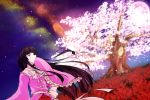  1girl black_hair bow cherry_blossoms covering_mouth flower full_moon hime_cut houraisan_kaguya japanese_clothes kimono long_hair looking_up moon night pink_moon red_eyes sash solo space spider_lily tohoho_(hoshinoyami) touhou very_long_hair wide_sleeves 
