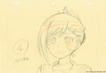  blush commentary confused hair_ornament hairpin inou-battle_wa_nichijou-kei_no_naka_de key_frame kudou_mirei official_art partially_colored production_art production_note sketch surprised sweat sweatdrop trigger_(company) yellow_background 