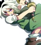  1girl angry ankle_boots bbr_brbr boots brown_boots clenched_teeth dive dress hairband konpaku_youmu puffy_short_sleeves puffy_sleeves short_sleeves silver_hair slit_pupils socks solo sword teeth touhou violet_eyes weapon 