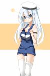  1girl blue_eyes cosplay hat hibiki_(kantai_collection) i-8_(kantai_collection) i-8_(kantai_collection)_(cosplay) kantai_collection long_hair loose_clothes nassukun oversized_clothes school_swimsuit silver_hair solo swimsuit tagging_in_progress thigh-highs white_legwear 