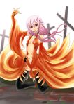  1girl bare_shoulders black_legwear breasts center_opening cleavage detached_sleeves fingerless_gloves gloves guilty_crown hair_ornament hairclip long_hair looking_at_viewer navel pink_hair red_eyes solo thigh-highs twintails yuzuriha_inori 
