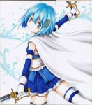  1girl armband blue_eyes blue_hair cape dual_wielding gloves hair_ornament hairclip iroha_(nullpo) magical_girl mahou_shoujo_madoka_magica mahou_shoujo_madoka_magica_movie miki_sayaka millipen_(medium) smile solo sword thigh-highs traditional_media water weapon zettai_ryouiki 